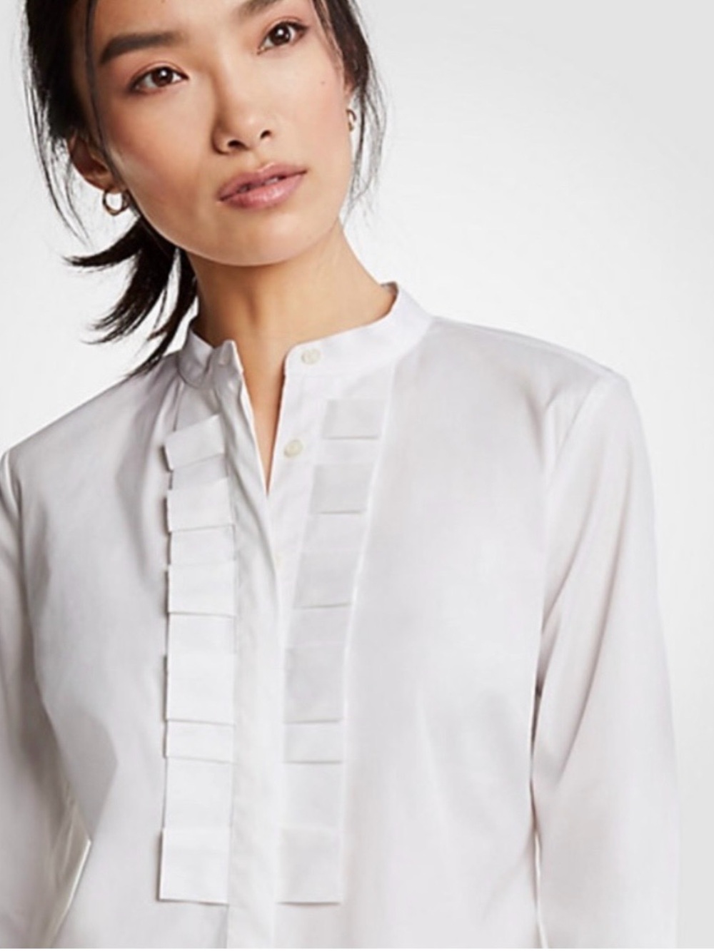 Ann Taylor NWT Crisp White Box Pleat Tuxedo Blouse Stretch Cotton 8